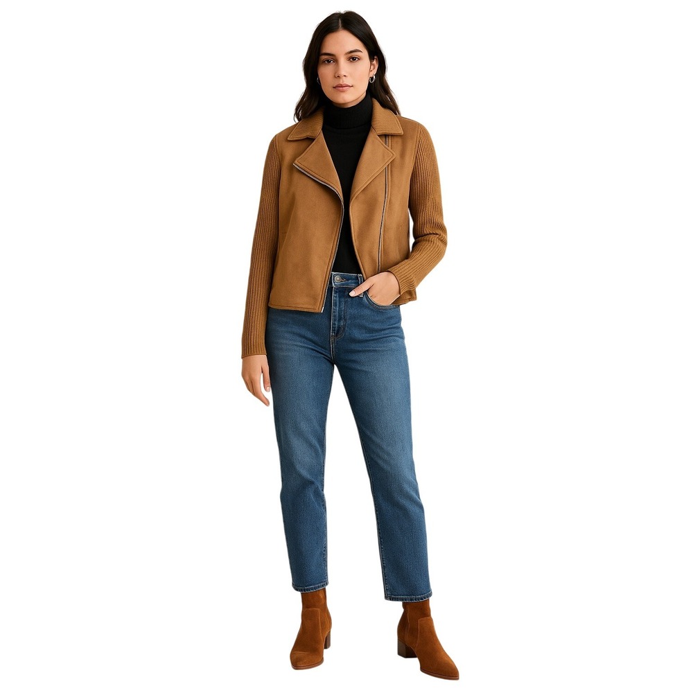 Ann Taylor Faux Suede Knit Moto Jacket Camel Brown Sz S NWT Fall‎ Staple Basic